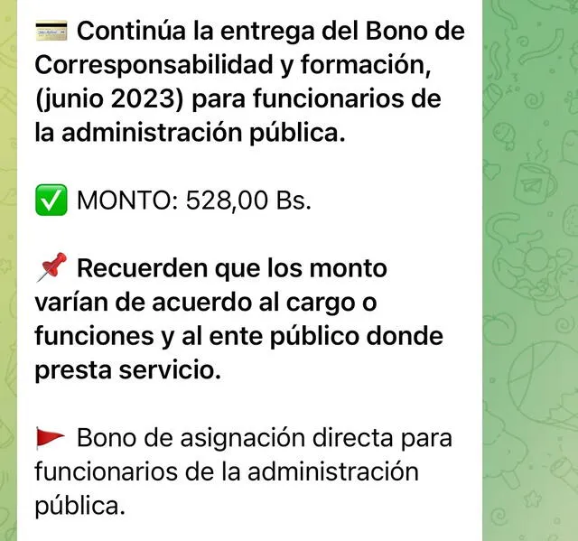  El monto del Bono Corresponsabilidad y Formación de junio 2023 varía de acuerdo al cargo. Foto: Canal Patria Digital/ Twitter   