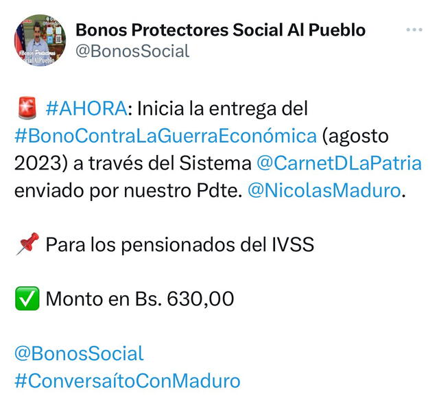 Pago del Bono de Guerra a los pensionados agosto 2023 