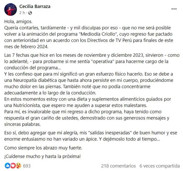 Cecilia Barraza se mostró agradecida por los mensajes que recibió por parte de sus seguidores. Foto: Facebook / Cecilia Barraza    