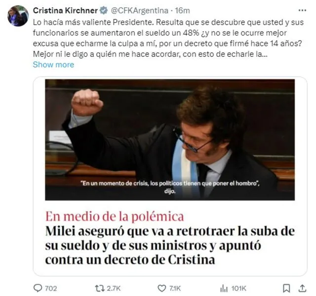 La exmandataria argentina arremetió contra Milei en sus redes sociales. Foto: @CFKArgentina/X 