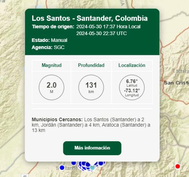 Último sismo en Colombia. Foto: SGC   