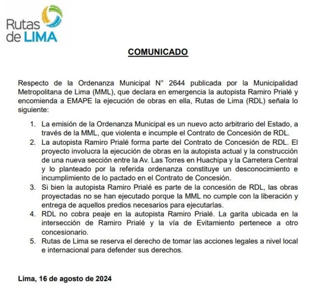 Comunicado de Rutas de Lima contra ordenanza municipal. Foto: captura/RDL   