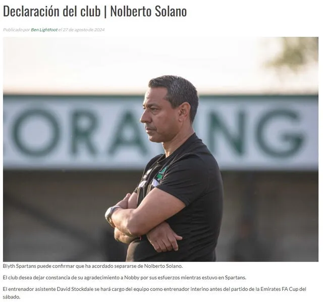  Nolberto Solano duró menos de seis meses en el cargo. Foto: captura de Blyth Spartans   