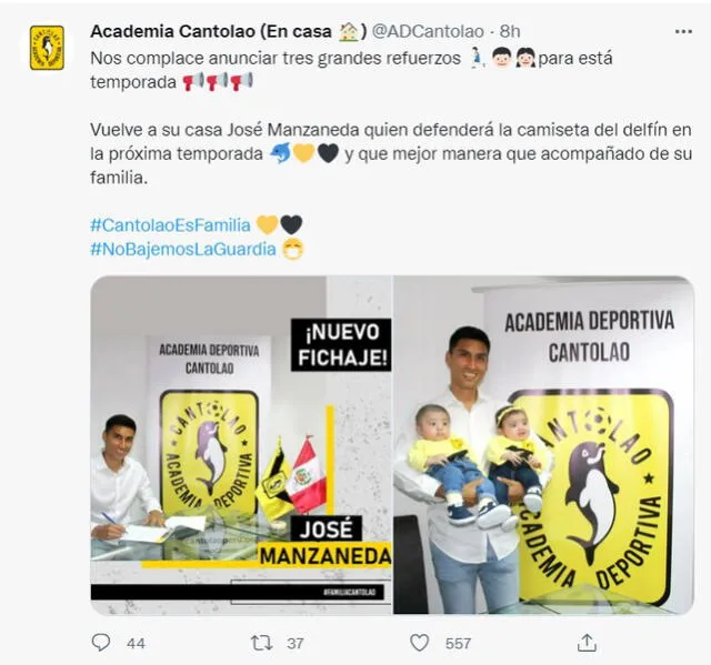 A través de su cuenta de Twitter fue oficializado José Manzaneda como nuevo jugador de Cantolao.