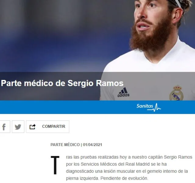 Comunicado del Real Madrid sobre la lesión de Sergio Ramos. Foto: Real Madrid