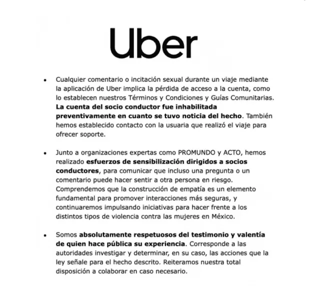 Comunicado de Uber. (Foto: Captura)