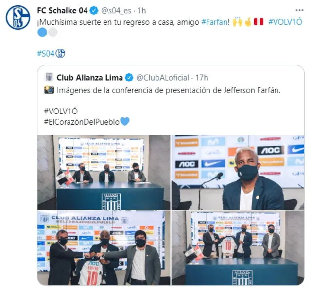 Schalke 04 saluda el regreso de Farfán a Alianza Lima. Foto: Twitter