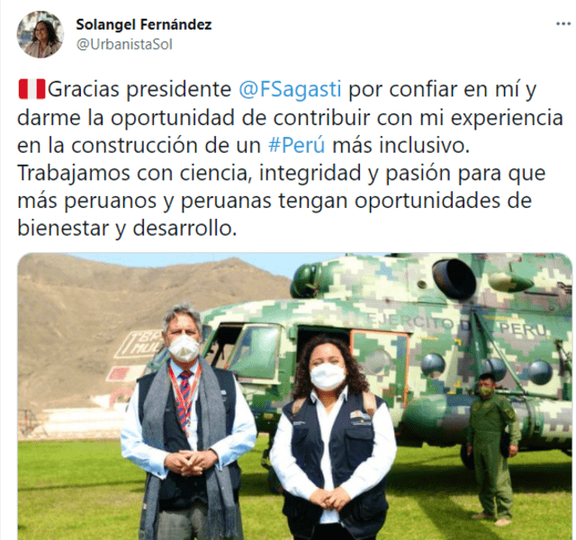 Mensaje de agradecimiento de Solangel Fernández a Francisco Sagasti. Foto: Captura Twitter