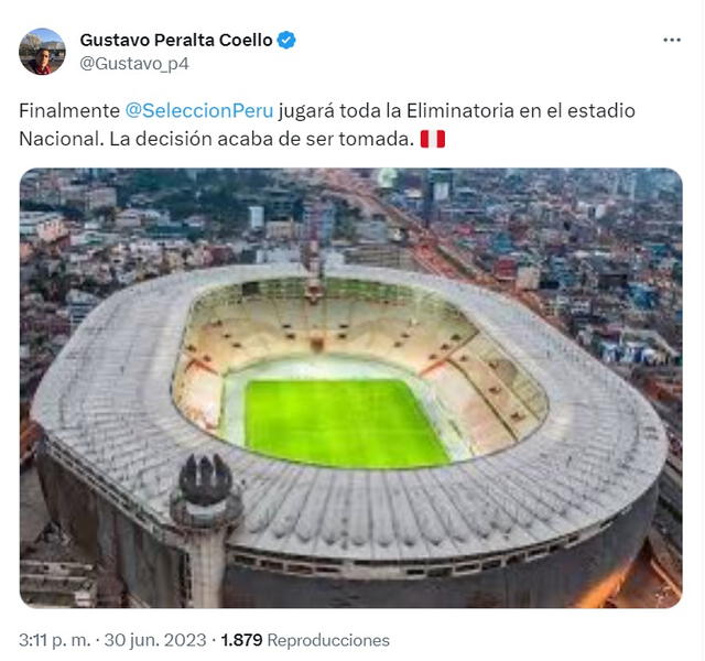  La selección peruana jugará las eliminatorias sudamericanas 2026 en el Nacional. Foto: captura Twitter.<br><br>    