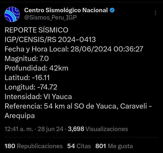  Sismo de magnitud 7.0 se registró en Arequipa.   