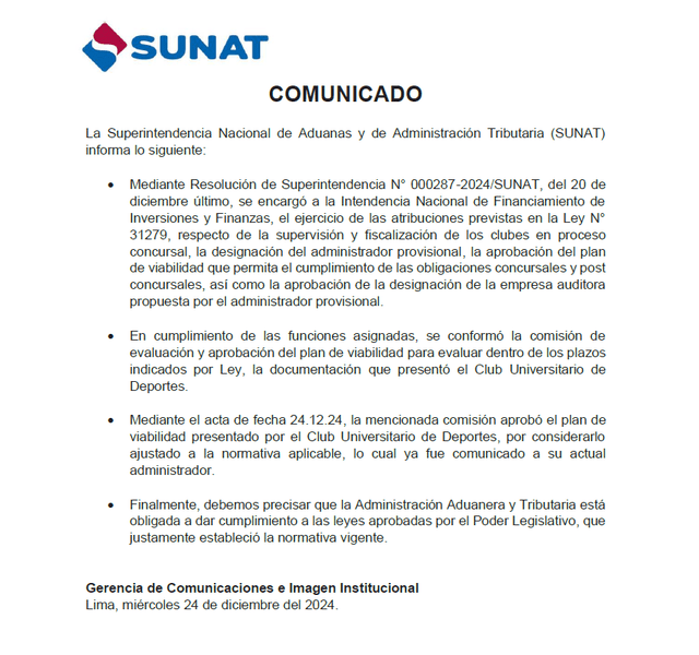 El comunicado de Sunat significa un primer gran paso para Universitario en busca de cumplir con la cuantiosa deuda que tiene. Foto: difusión   