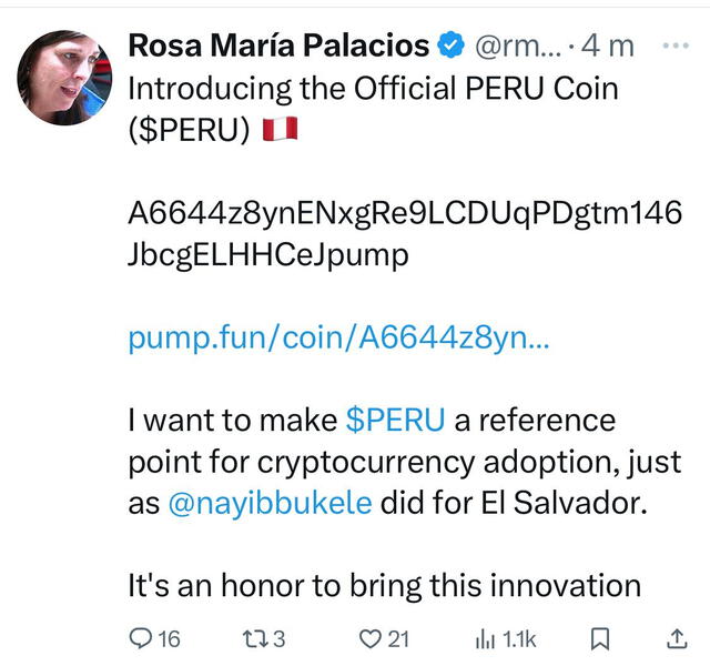 Publicaciones irregulares en la cuenta de X de Rosa María Palacios tras la toma de su cuenta. Foto: Rosa María Palacios/X Publicaciones irregulares en la cuenta de X de Rosa María Palacios tras la toma de su cuenta. Foto: Rosa María Palacios/X