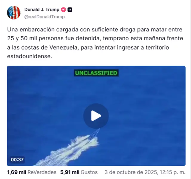  Donald Trump celebra el nuevo ataque frente a costas de Venezuela. Foto: @realDonaldTrump/Truth Social<br>    