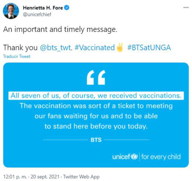 Directora ejecutiva de UNICEF resaltó mensaje de BTS. Foto: captura