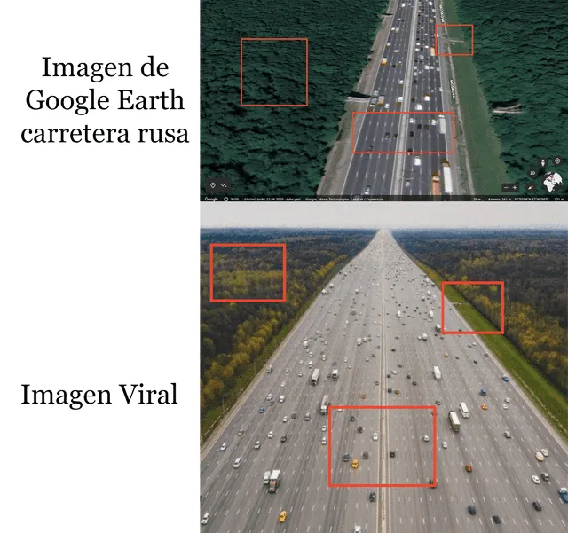 Comparación entre imágenes de Google Earth de carretera rusa e imagen viral