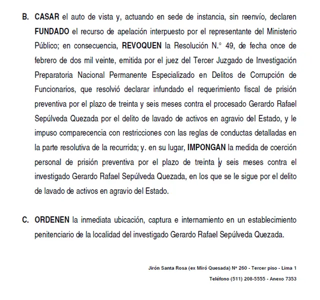 Requerimiento del fiscal Rafael Vela Barba para que la Corte Suprema dicte prisión preventiva por 36 meses contra el investigado Gerardo Sepúlveda.