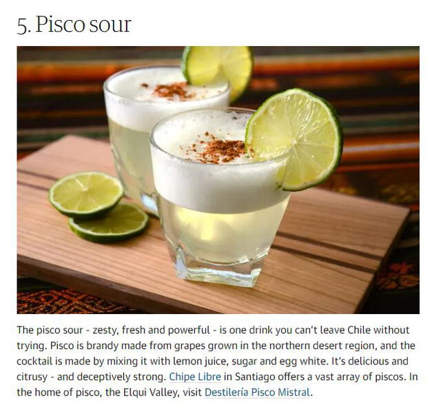 Publicación sobre el pisco sour como propio de Chile, según el diario The Guardian.