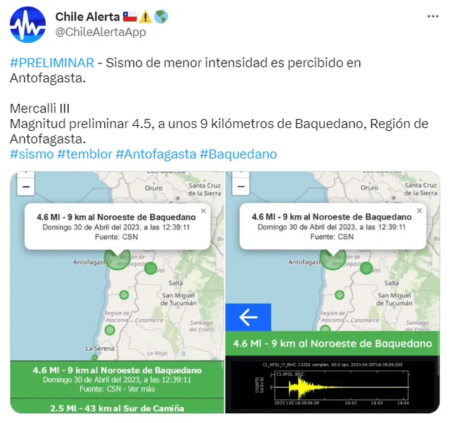  El sismo de 4.6 también fue percibido en Antofagasta. Foto: ChileAlertaApp/ Twitter   