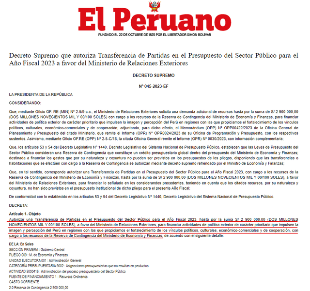  Decreto que autoriza Transferencia de Partidas en el Presupuesto del Sector Público para el Año Fiscal 2023 a favor del Ministerio de Relaciones Exteriores. Foto: El Peruano    