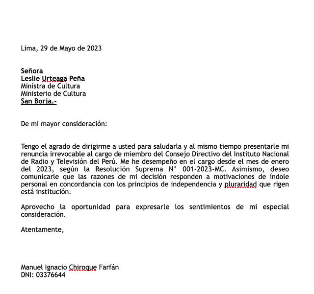  Carta de renuncia de Manuel Chiroque. Foto: Twitter/ @jfowks  