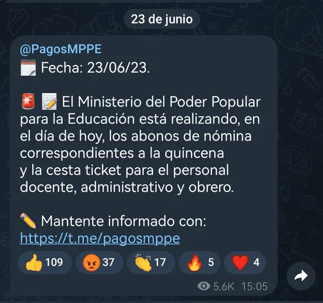 En junio, el pago de la segunda quincena se realizó el viernes 23 de junio. Foto: Pagos MPPE/Telegram