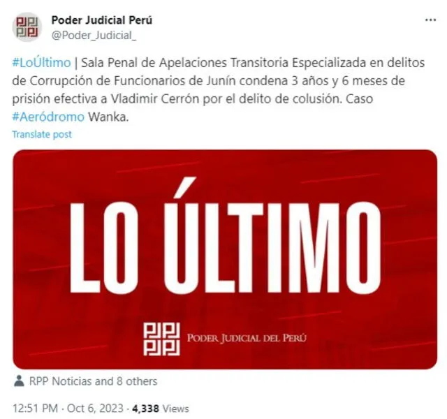  Vladimir Cerrón es condenado a 3 años y 6 meses de prisión efectiva. Foto: Twitter 