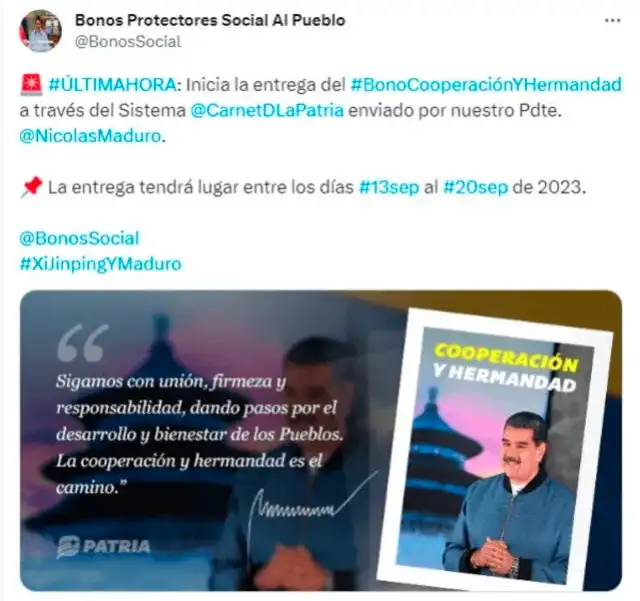 El Bono Cooperación y Hermandad de 2023 se pagó el 13 de septiembre. Foto: Bonos Social/ X El Bono Cooperación y Hermandad de 2023 se pagó el 13 de septiembre. Foto: Bonos Social/ X