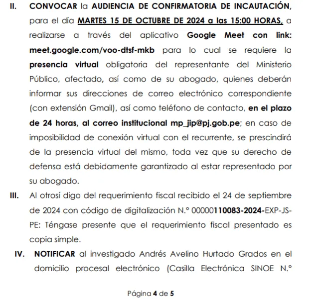 Poder Judicial programó para el 15 de octubre la audiencia de confirmación de la incautación.   