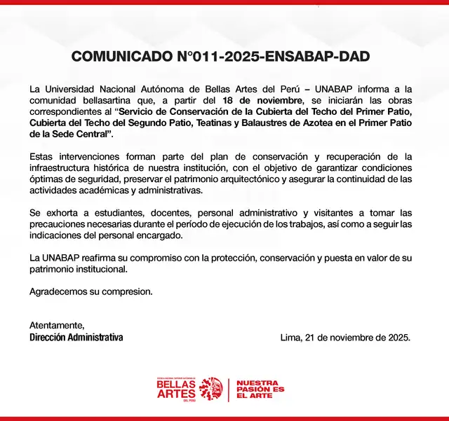 Comunicado de la Dirección Administrativa del 21 de noviembre. Foto: UNABAP.   