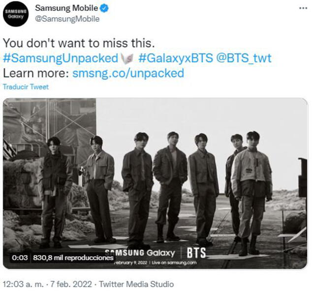 Samsung invita a los fans de BTS a unirse al Unpacked 2022. Foto: Twitter