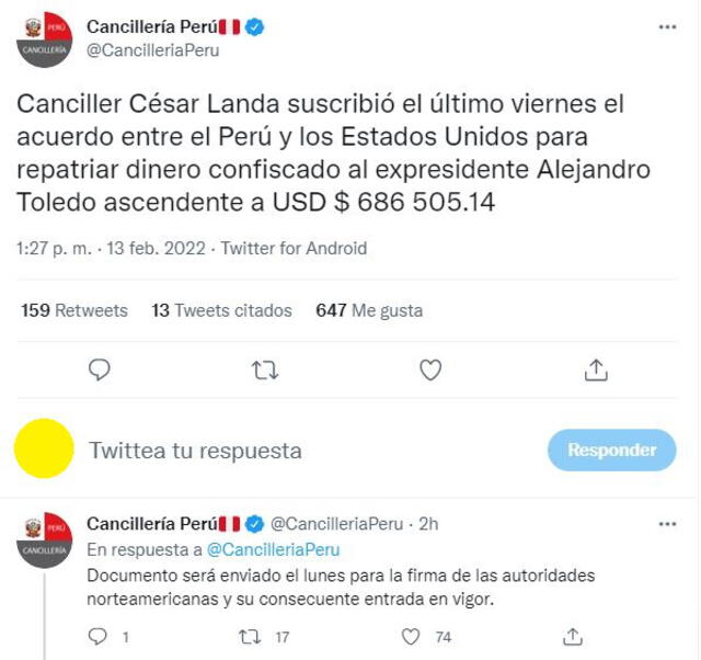 La Cancillería informó del acuerdo con el país norteamericano, a fin de repatriar el dinero incautado al expresidente Alejandro Toledo. Foto: captura de Twitter