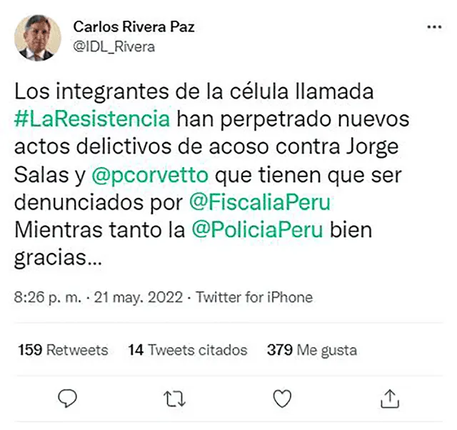 Carlos Rivera Paz Tweet Foto: Carlos Rivera Paz / Twitter.