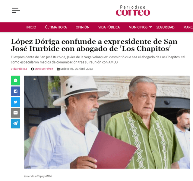  Periódico Correo asegura que la persona de camisa blanca al costado de AMLO es Javier de la Vega Velázquez, un exalcalde en México. Foto: captura en web Periódico Correo.    