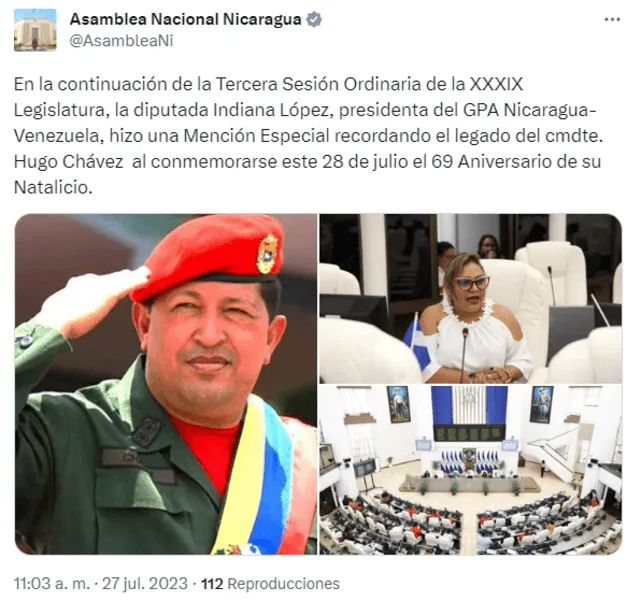 Los saludos al expresidente venezolano también llegaron desde Nicaragua. Foto: Asamblea Nacional Nicaragua/Twitter