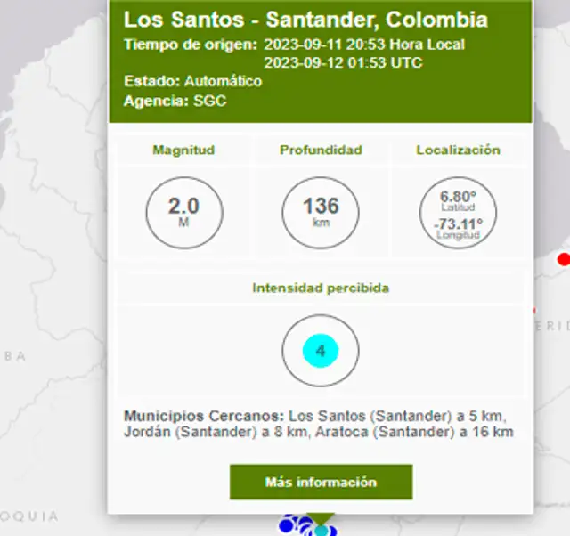 Último temblor registrado en Colombia. Foto: SGC   