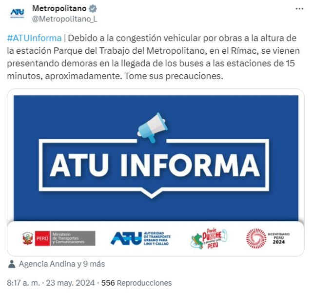 Comunicado de la ATU sobre demoras en el Metropolitano. Foto: ATU/Twitter   
