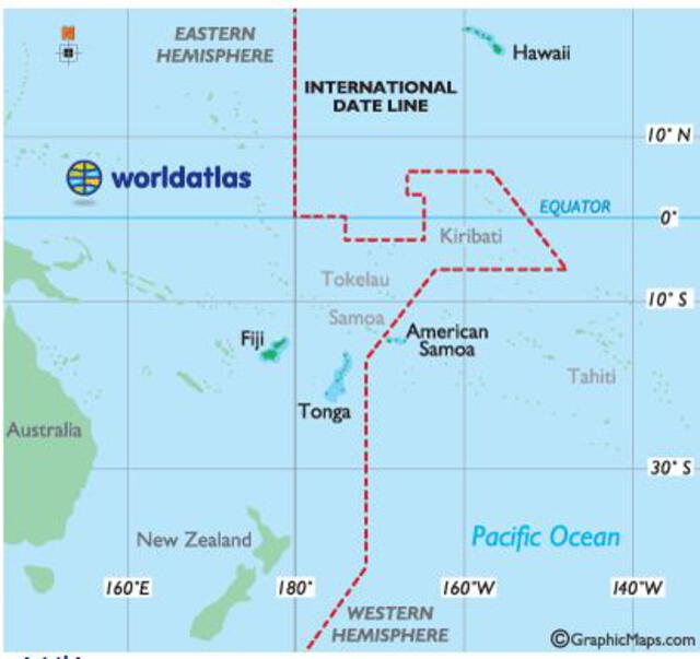 La Línea de Cambio de Fecha zigzagea en las islas de Kiribati, razón por la cual estas son las primeras masas de tierra que viven el Año Nuevo. Foto: Fronteras Blog