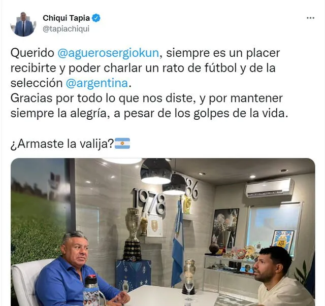 Así saludó Chiqui Tapia a Sergio Agüero en su cuenta de Twitter. Foto: @tapiachiqui