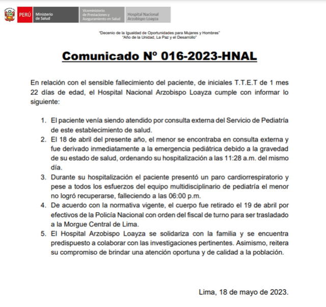  Hospital Arzobispo Loaysa se pronuncia al respecto. Imagen: Comunicado de Minsa 