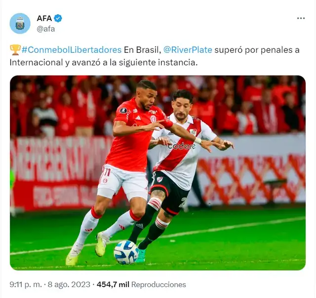 Publicación de la AFA que dio por ganador a River Plate sobre Inter antes de tiempo. Foto: captura/Twitter Publicación de la AFA que dio por ganador a River Plate sobre Inter antes de tiempo. Foto: captura/Twitter