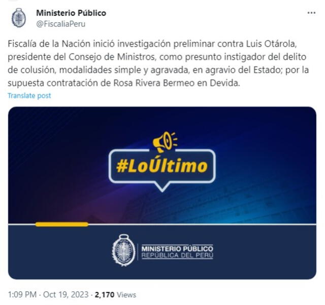  Ministerio Público anunció inicio de investigación contra Alberto Otárola. Foto: Twitter   