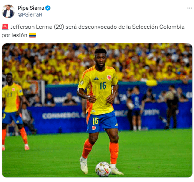  Jefferson Lerma es titular indiscutible para Néstor Lorenzo en la selección colombiana. Foto: Twitter/Pipe Sierra   