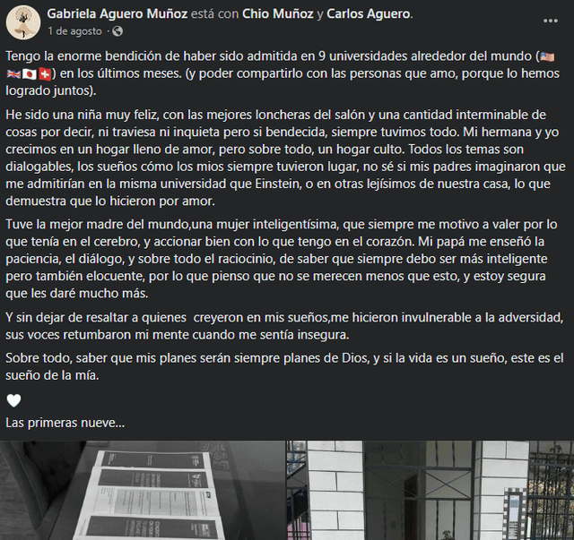  Gabriela Agüero compartió en sus redes sociales la noticia de haber sido admitida en nueve universidades internacionales. Foto: Gabriela Agüero Muñoz/Facebook   