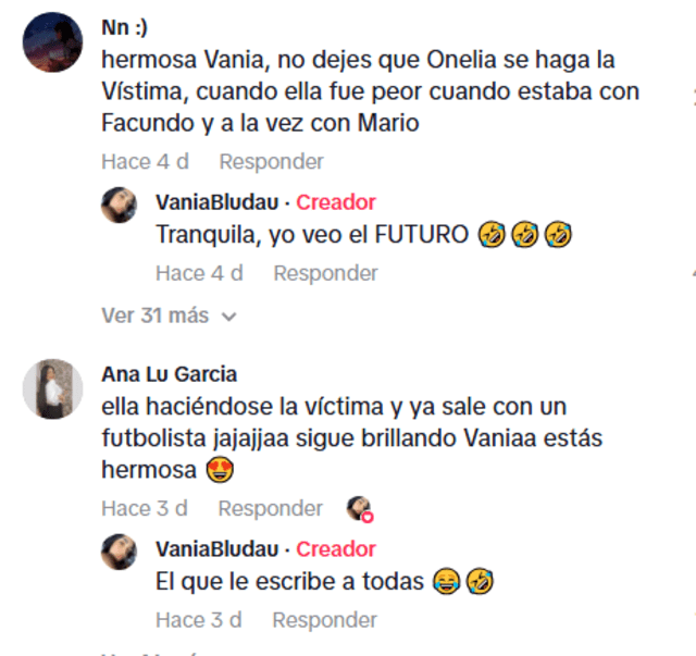 Comentarios en el TikTok de Vania. Foto: difusión Comentarios en el TikTok de Vania. Foto: difusión