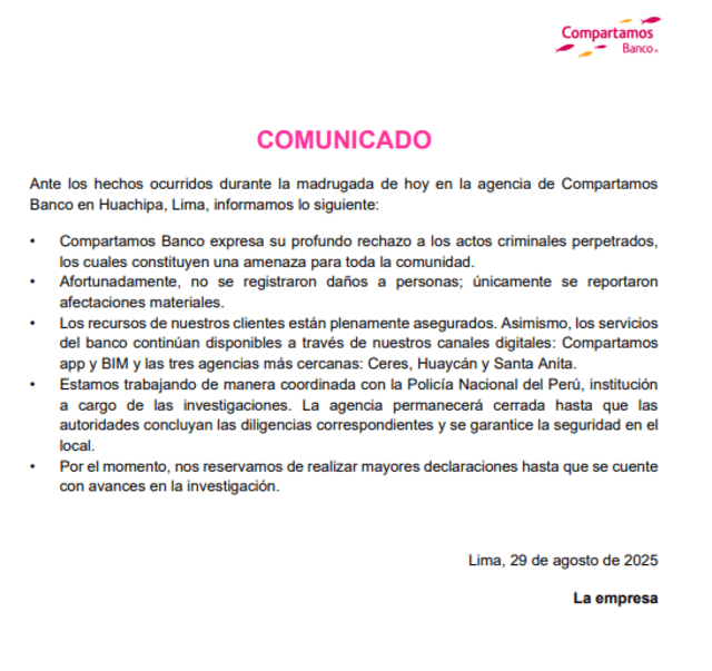 Comunicado de Compartamos tras el ataque contra su agencia. Foto: Compartamos   