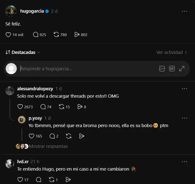 Hugo García escribió “Sé feliz” en Threads, en el día de la boda de su ex Mafer Neyra. Hugo García escribió “Sé feliz” en Threads, en el día de la boda de su ex Mafer Neyra.