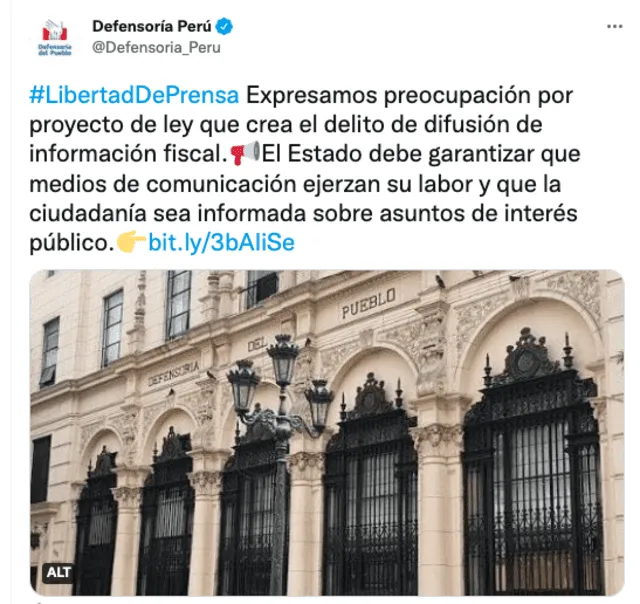 Defensoría: “Expresamos preocupación por PL que crea el delito de difusión de información fiscal”. Foto: Twitter de la Defensoría del Pueblo