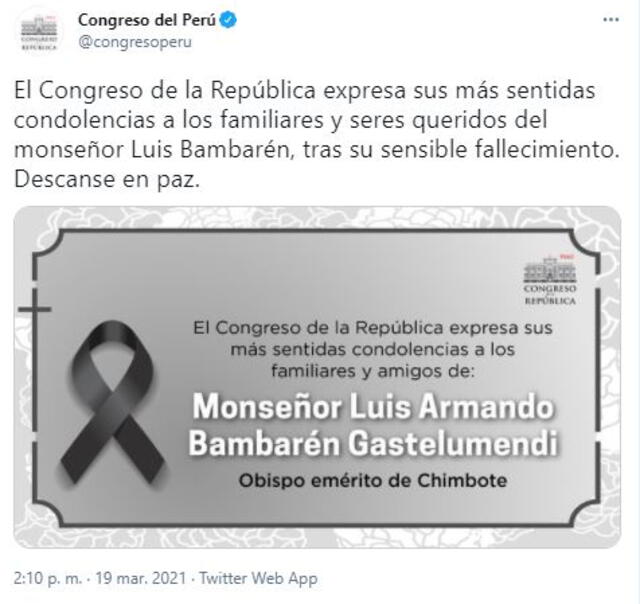 Tuit del Congreso por la muerte de Luis Bambarén