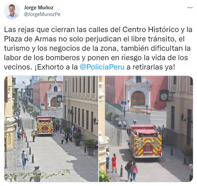 El pedido de Jorge Muñoz para retirar las rejas en el Centro Histórico y Plaza de Armas. Foto: Twitter