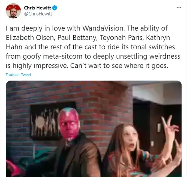 Chris Hewitt expresó su emoción respecto a la serie WandaVision. Foto: captura Twitter de@ChrisHewitt